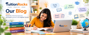 Student studying with books and laptop for Maths, Science and exam preparation