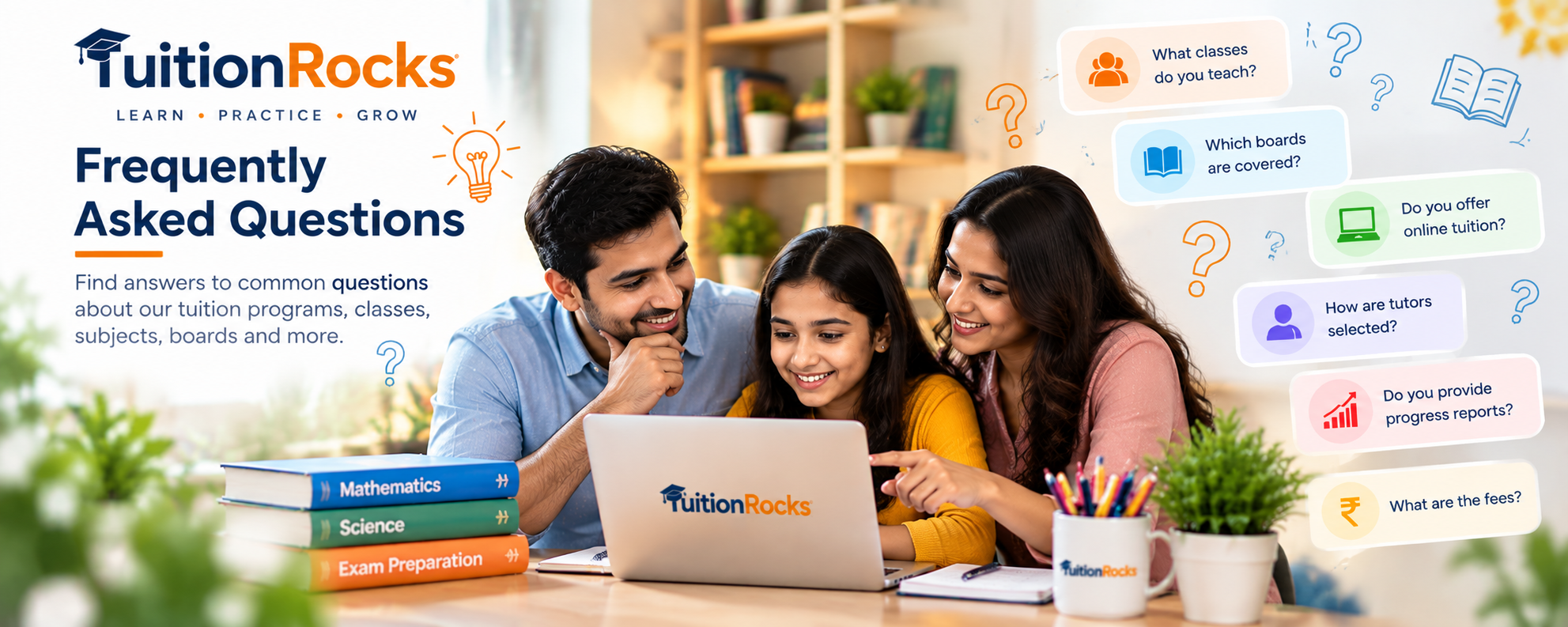 Parents and student exploring frequently asked questions about TuitionRocks tuition programs