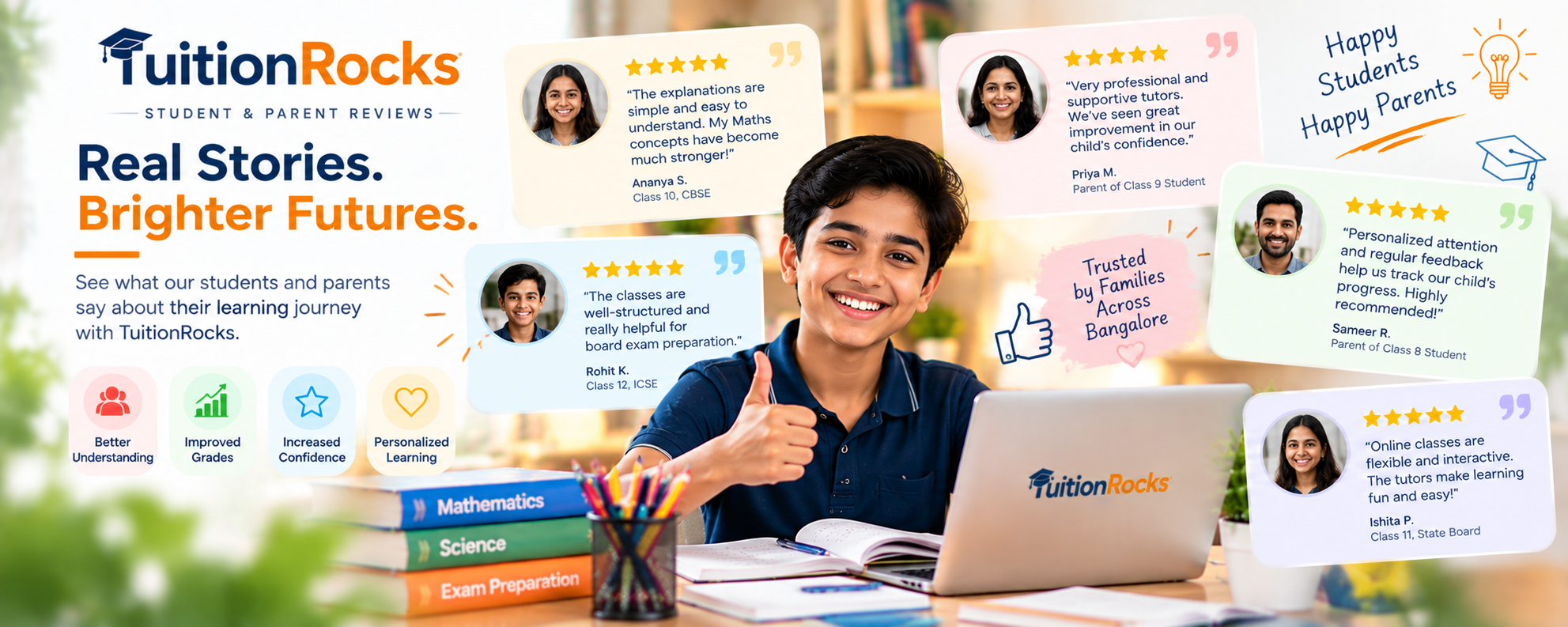 Student sharing a positive learning experience with TuitionRocks alongside student and parent reviews